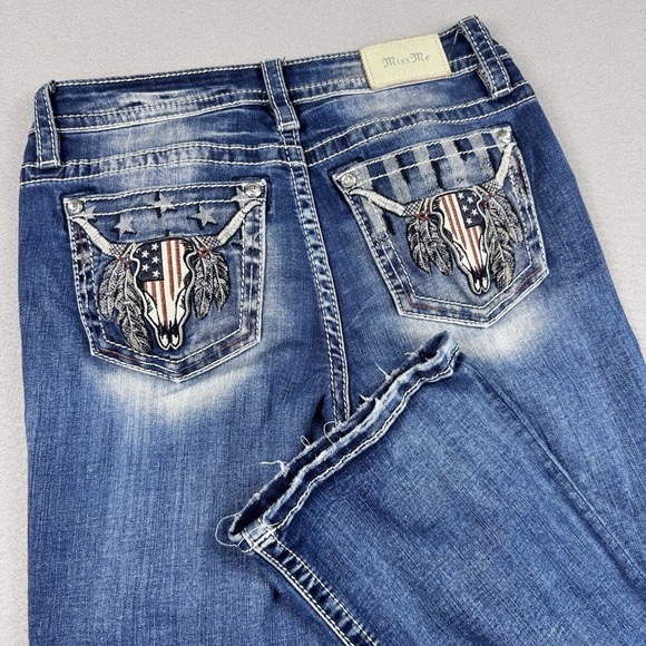 Miss Me Denim - Miss Me Mid-Rise Bootcut Jeans 28x32 Cowgirl Distressed Fade Skull Western Rodeo